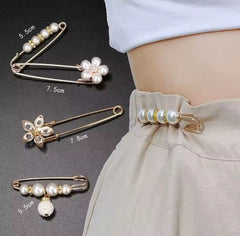 This product is a set of adjustable waist tightening pins and decorative clothing brooches featuring faux pearls and rhinestones.