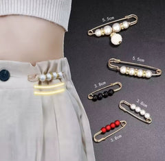 This product is a set of adjustable waist tightening pins and decorative clothing brooches featuring faux pearls and rhinestones.