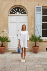 Aldo Lothycan striped satchel handbag in navy and white.