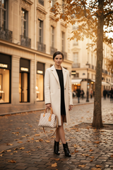 Louis Vuitton Damier Azur canvas bag with a brown leather trim.