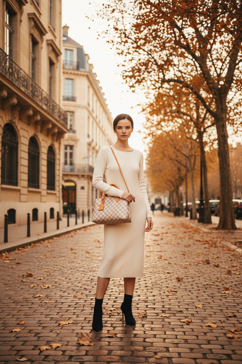 Louis Vuitton Damier Azur canvas bag with a brown leather trim.