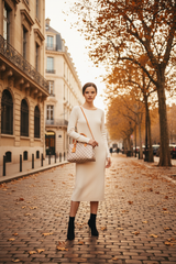 Louis Vuitton Damier Azur canvas bag with a brown leather trim.