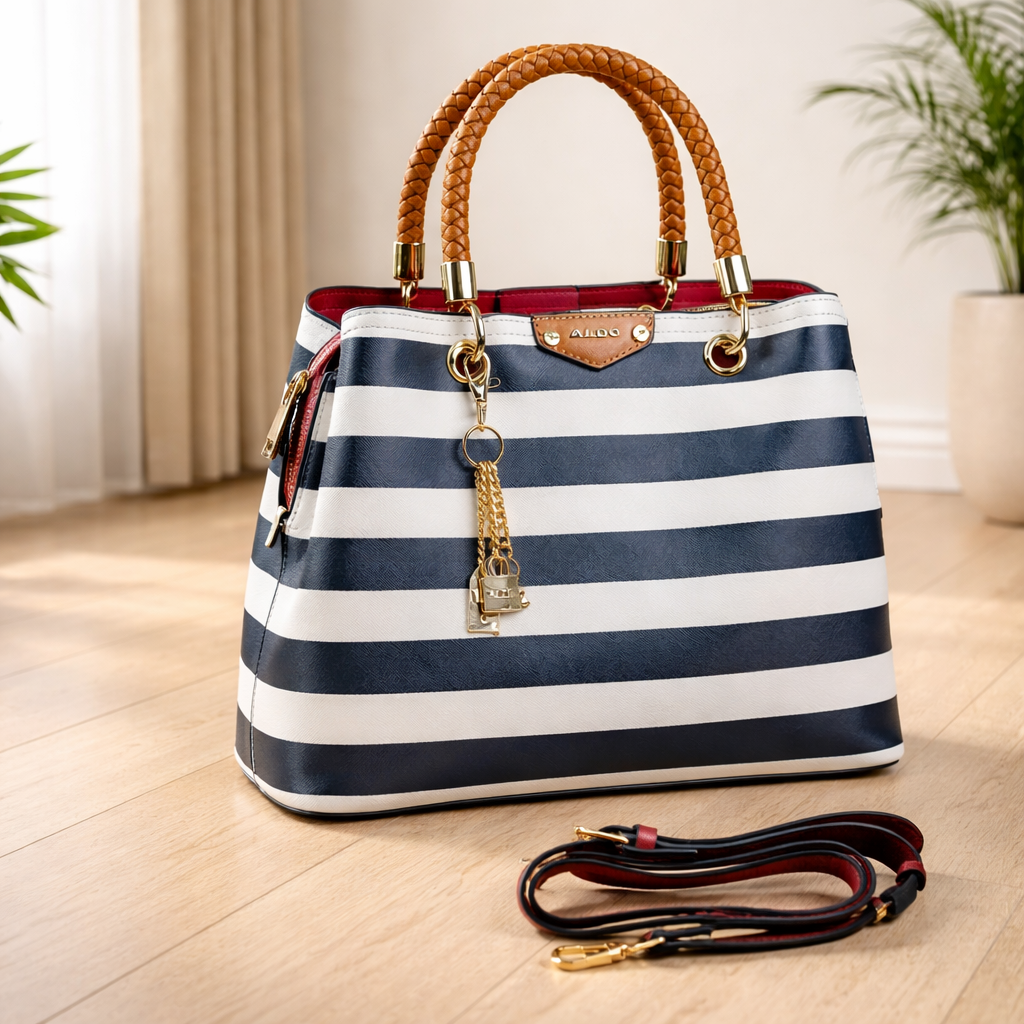 Aldo Lothycan striped satchel handbag in navy and white.