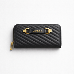 Guess Sela SLG large zip-around wallet in black quilted pebble polyurethane with gold-tone hardware.