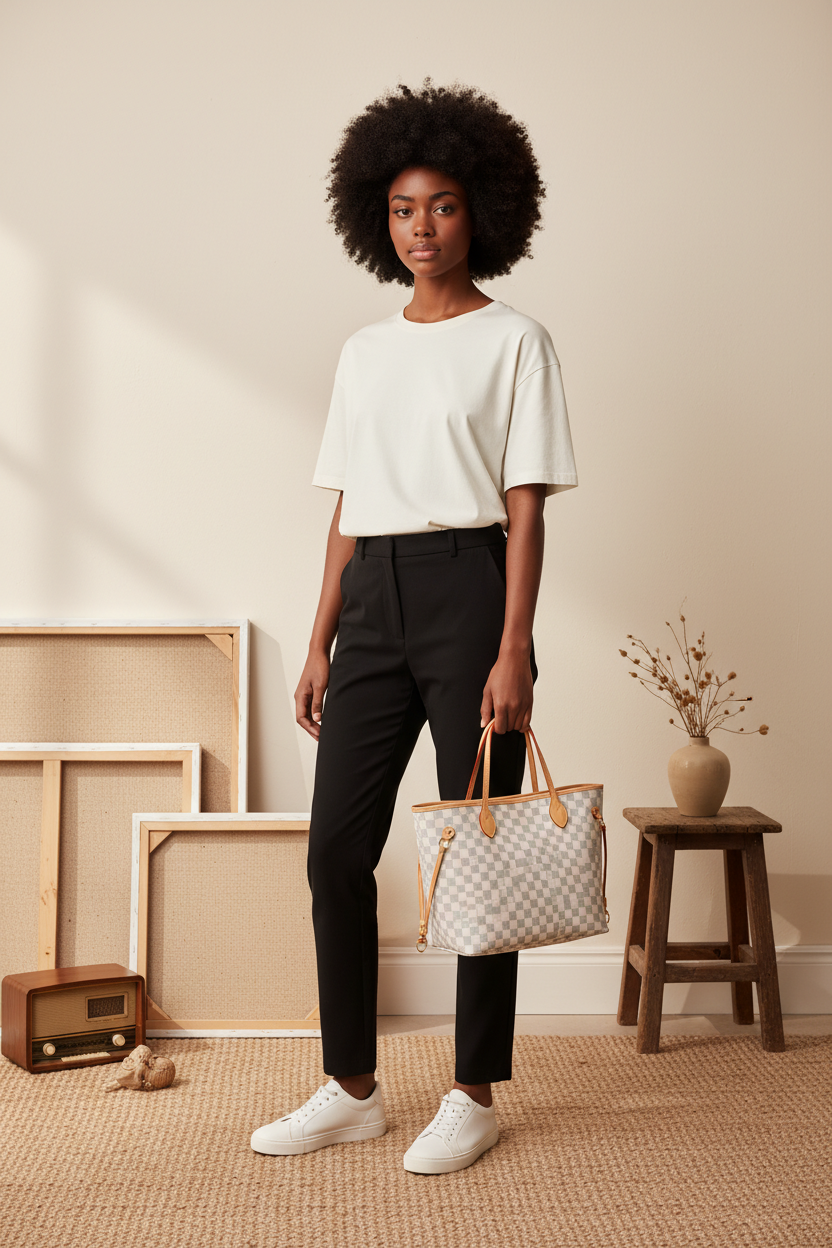 Louis Vuitton Damier Azur canvas bag with a brown leather trim.