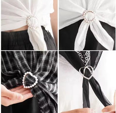 This product is a versatile pearl-inlaid metal brooch ring designed to be used as a scarf clip, a t-shirt hem fastener, or a waist adjustment buckle for clothing.