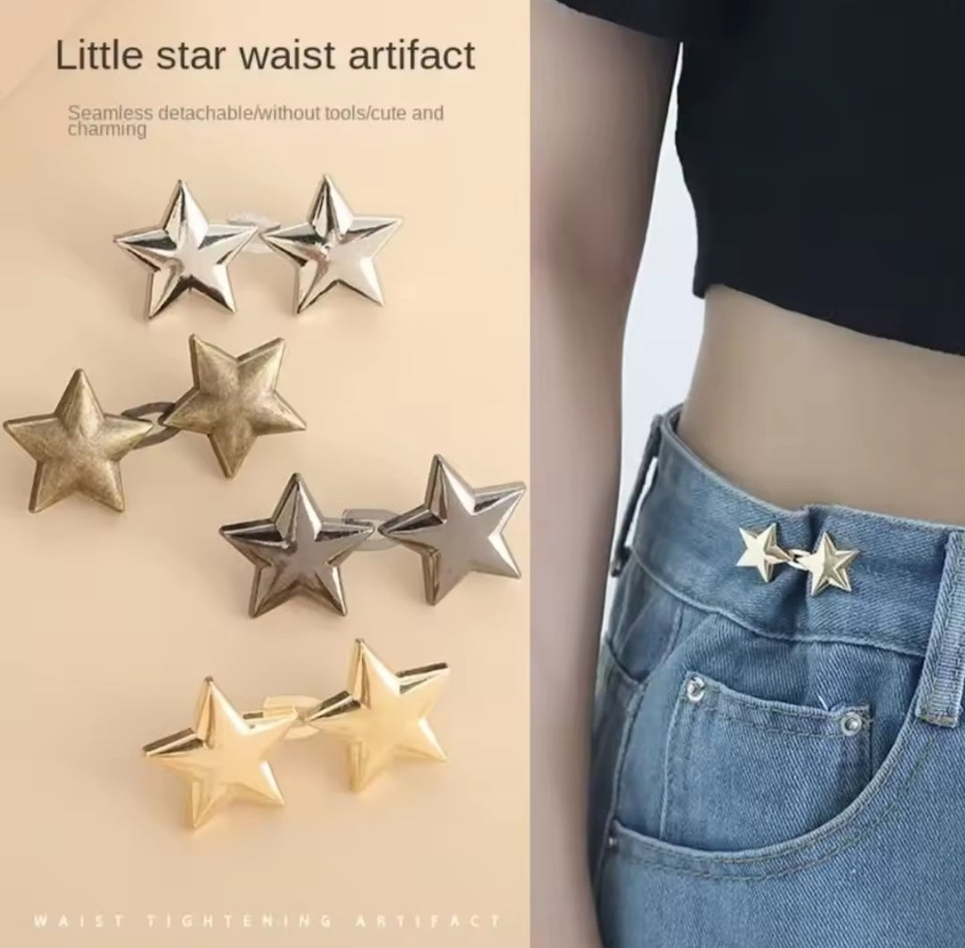 These star-shaped pins are adjustable, detachable jean waist tighteners designed to be used without sewing or tools.