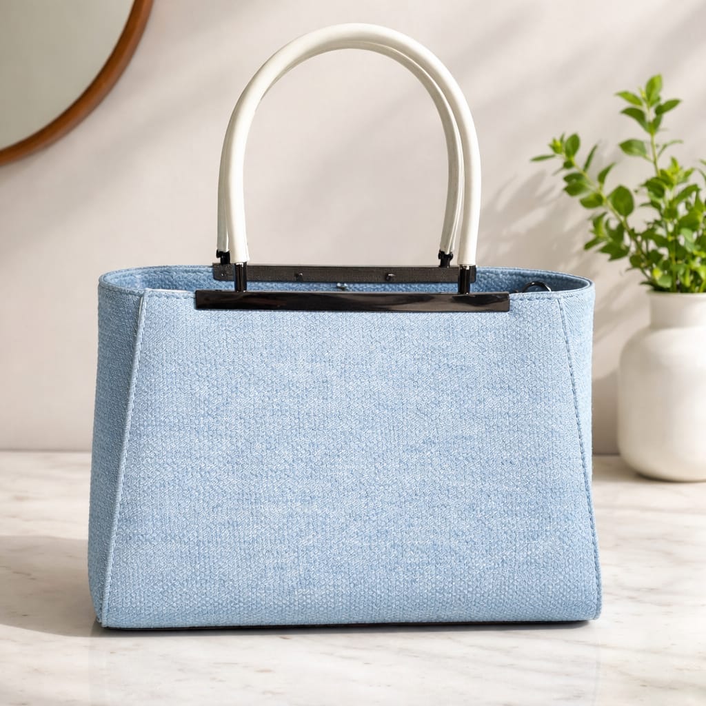 Burberry light blue denim top-handle handbag with white handles