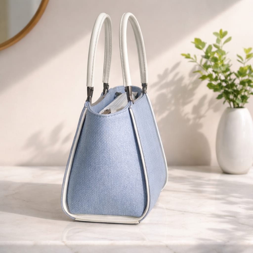 Burberry light blue denim top-handle handbag with white handles