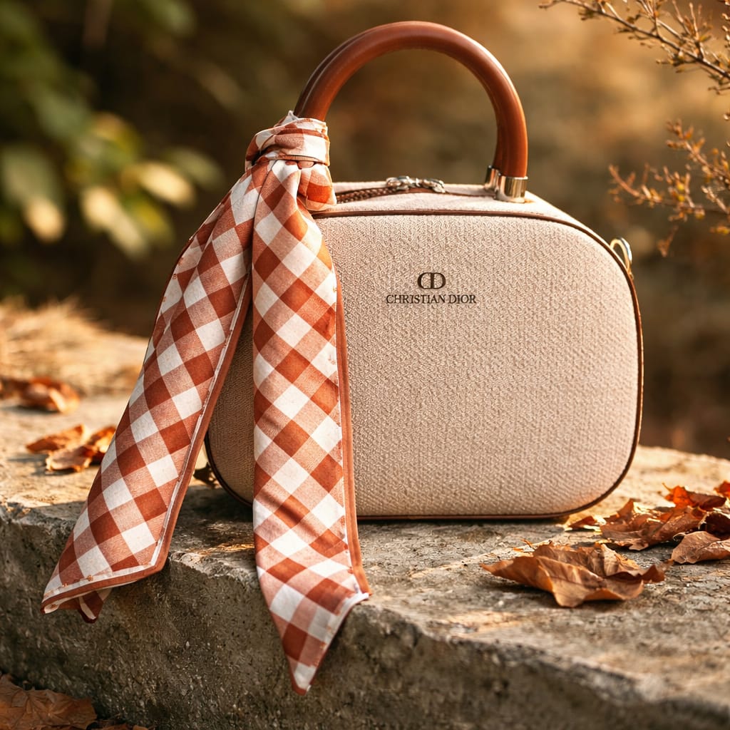 Christian Dior handbag with a top handle and a checkered scarf accessory