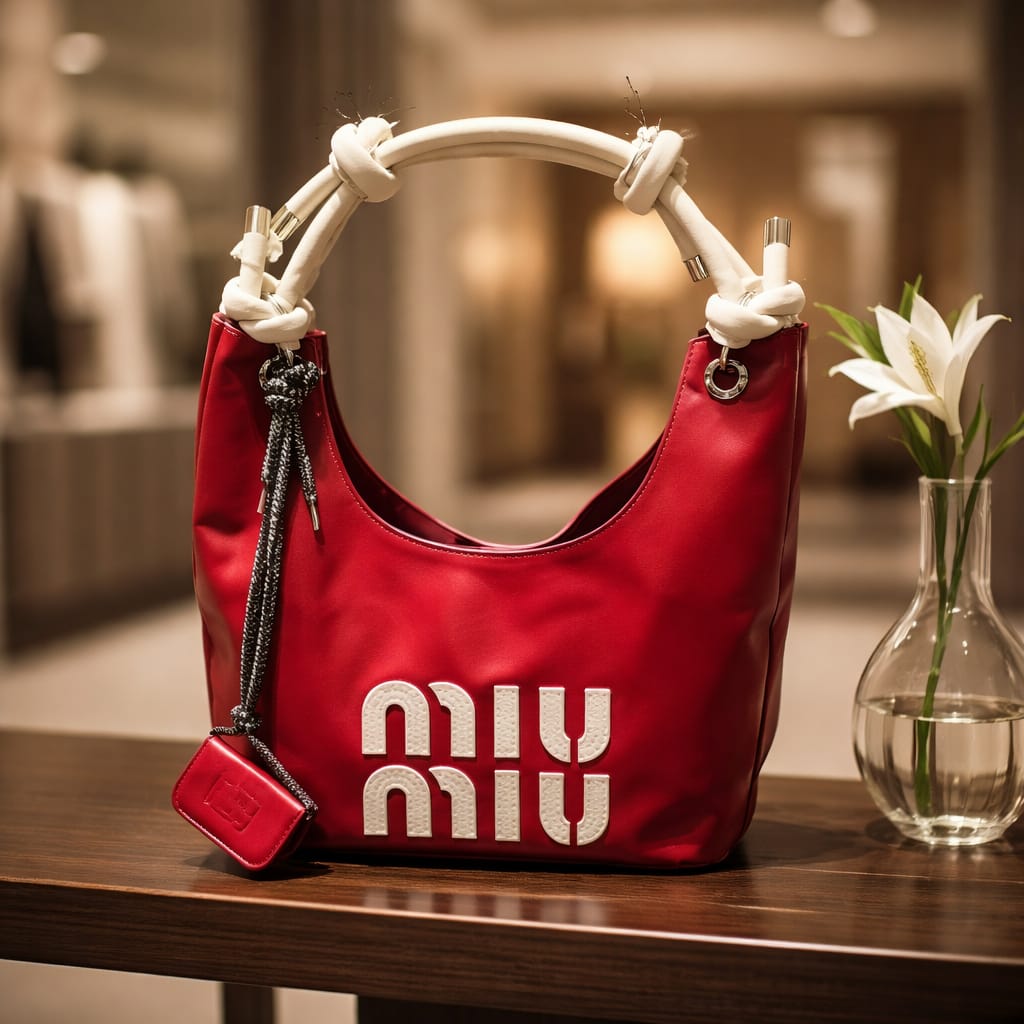 red Miu Miu hobo bag with a matching micro bag charm.