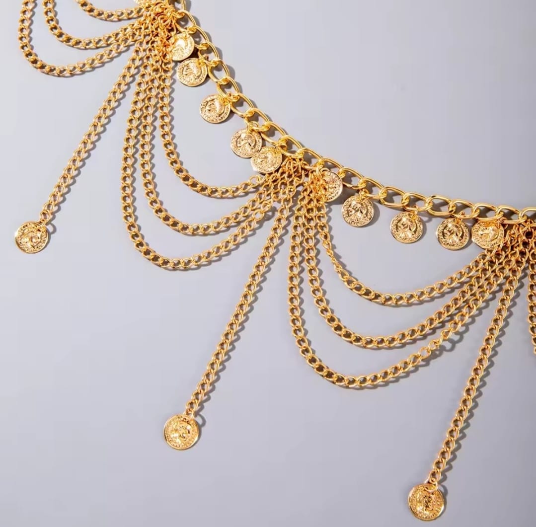 a gold-colored, multi-layered metal belly chain with small ball or coin pendants. 
