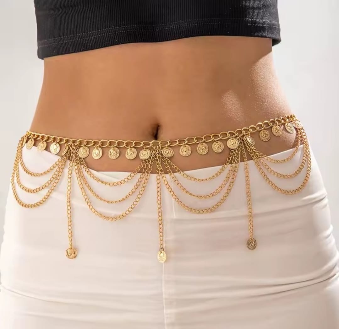 a gold-colored, multi-layered metal belly chain with small ball or coin pendants. 
