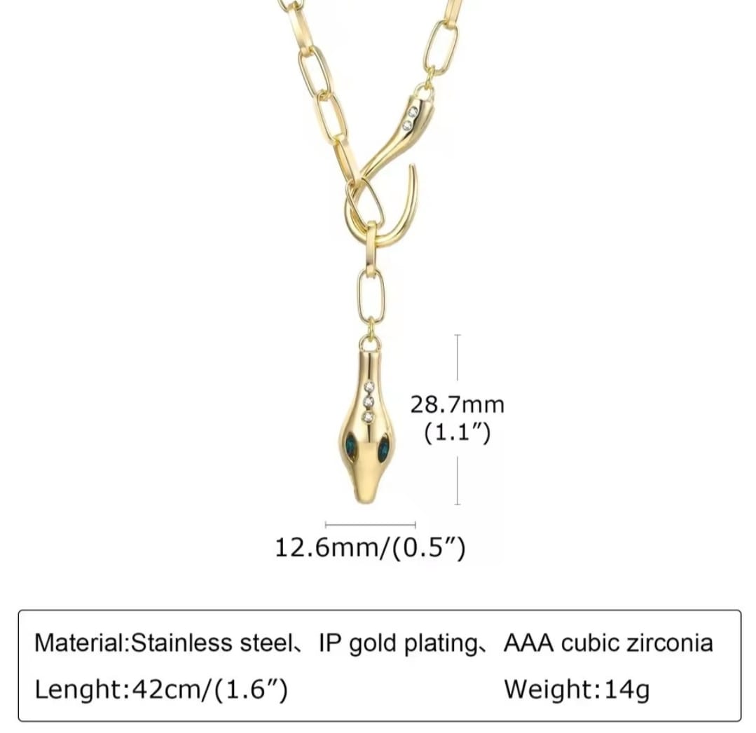 This is a gold-plated snake pendant necklace with green eyes. 